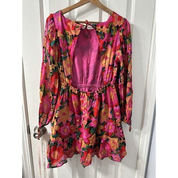 Billabong Heaven Sent Floral Open Back Mini Dress Long Blouson Sleeve Size M - Picture 5 of 12